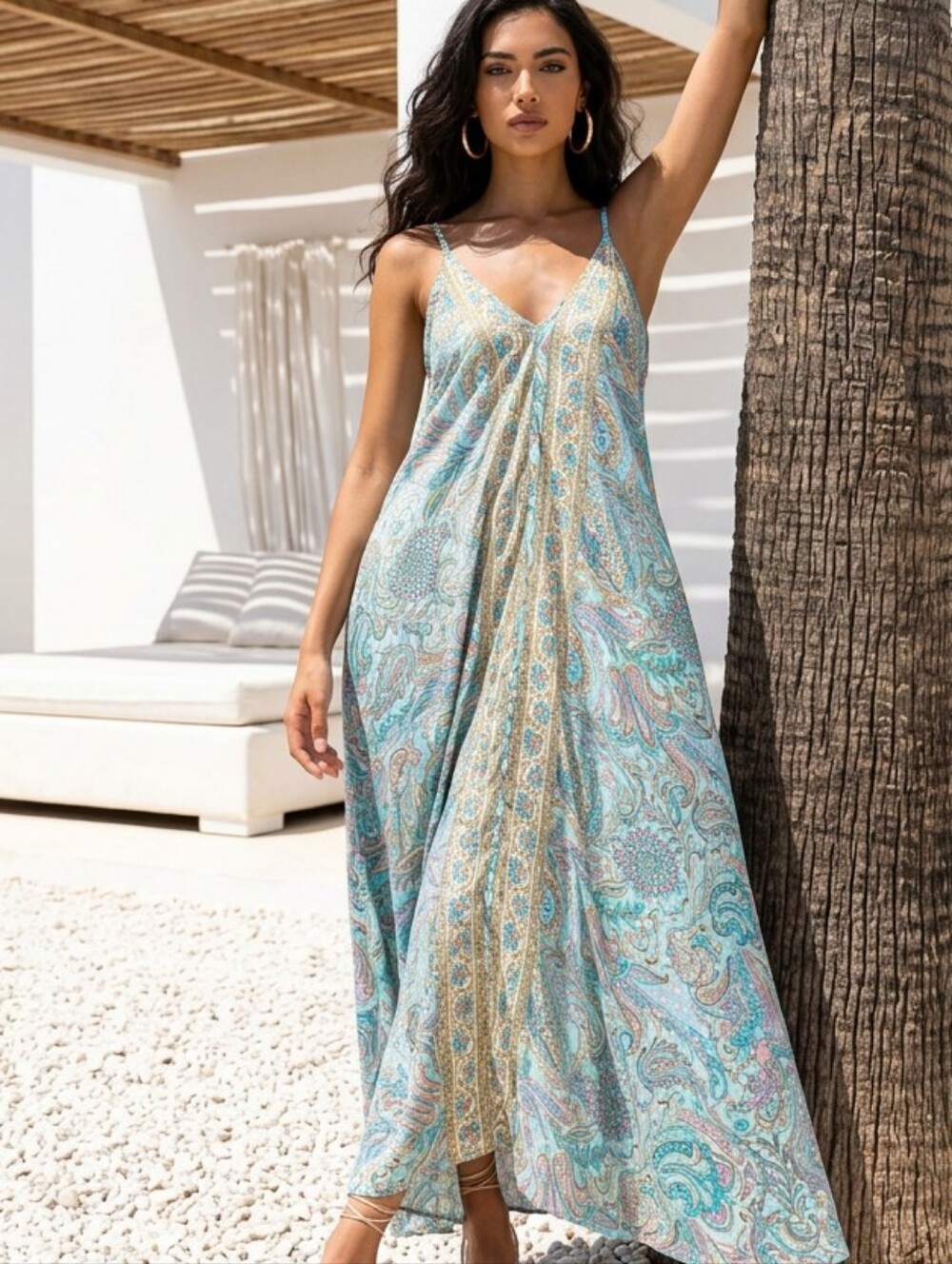 Paani L/G Paisley Maxi Dress Blue Pink Gold Metallic Boho Sleeveless